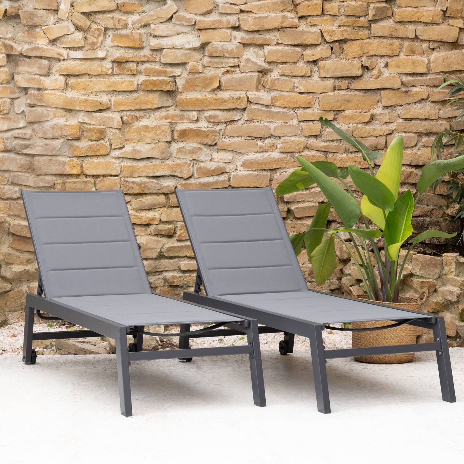 Happy Garden - Lot de 2 bains de soleil BARBADOS en textilène gris - aluminium gris anthracite - HAPPY GARDEN - Image 2