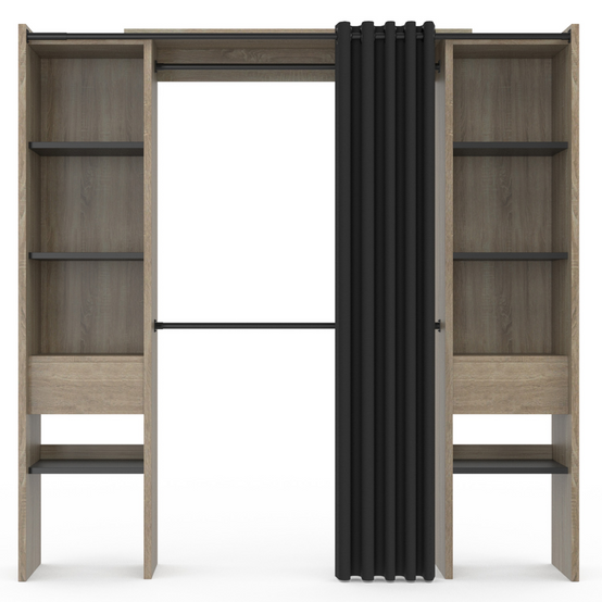 Dressing extensible double MERYL 120/180 x 50 x 180 cm hêtre avec étagères hêtre + double penderie + rideau noir - Image 3