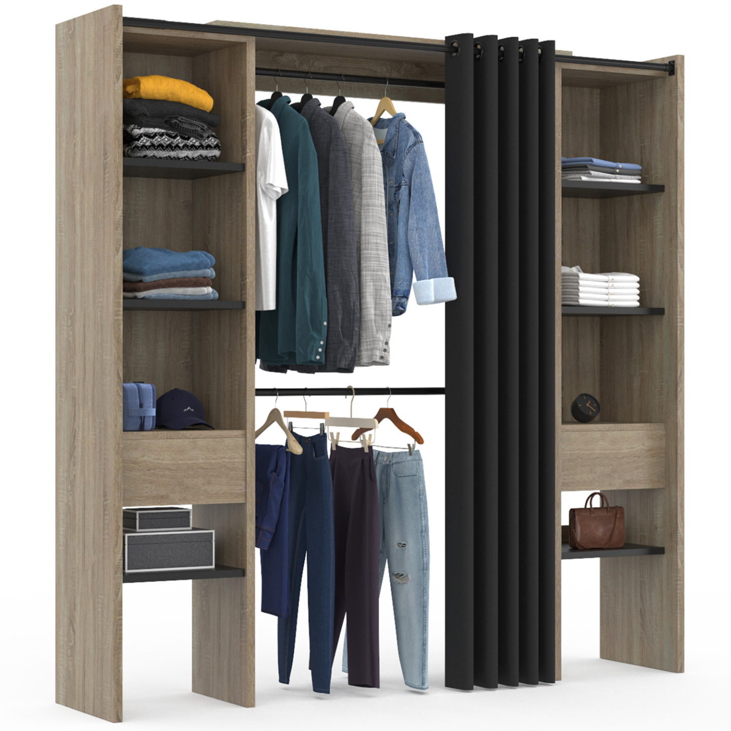 Dressing extensible double MERYL 120/180 x 50 x 180 cm hêtre avec étagères hêtre + double penderie + rideau noir - Image 2