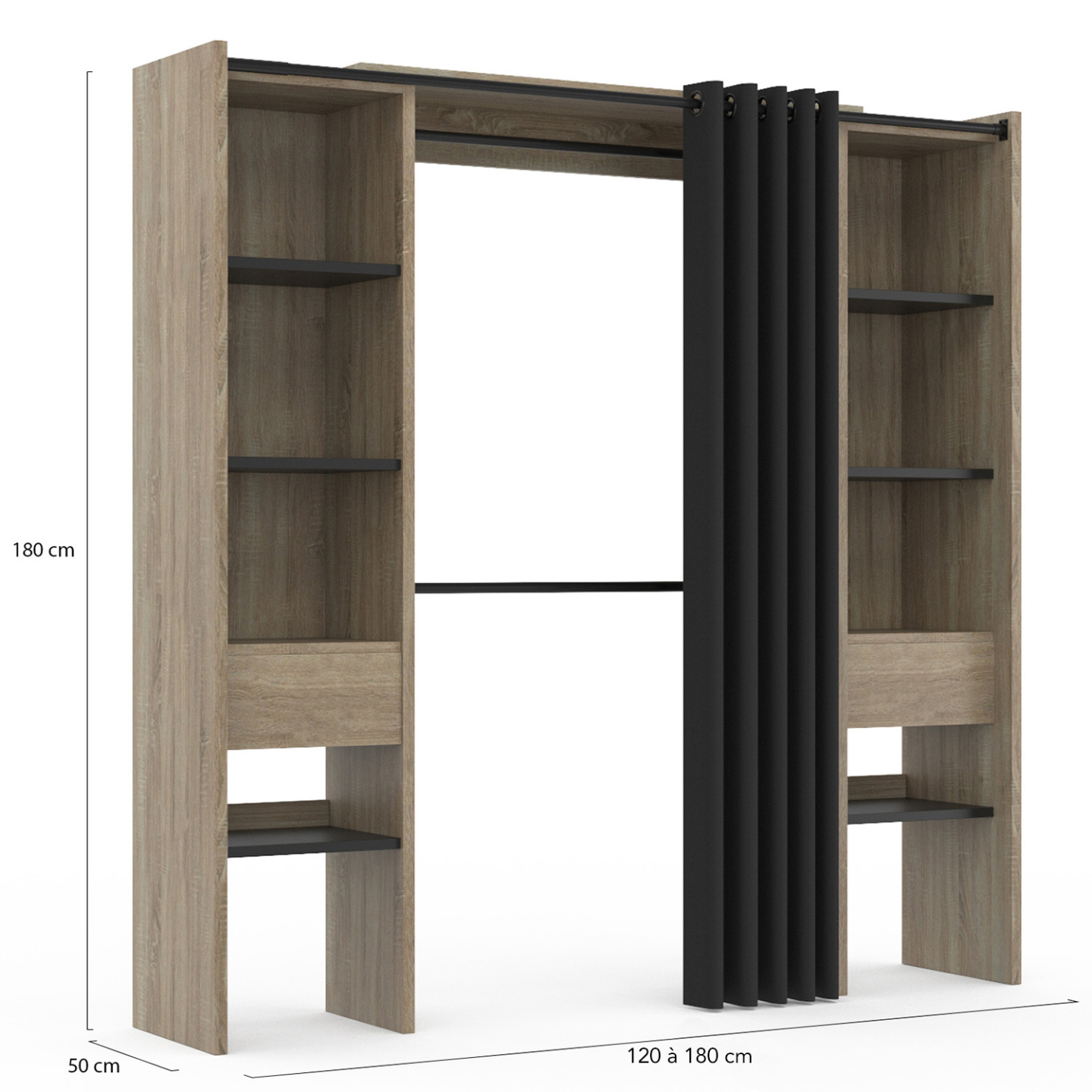 Dressing extensible double MERYL 120/180 x 50 x 180 cm hêtre avec étagères hêtre + double penderie + rideau noir - Image 4