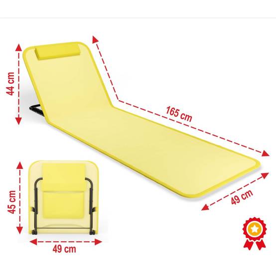 Transat de plage confortable Jaune 165cm dossier réglable et coussin pour la tête sac inclus - Image 2
