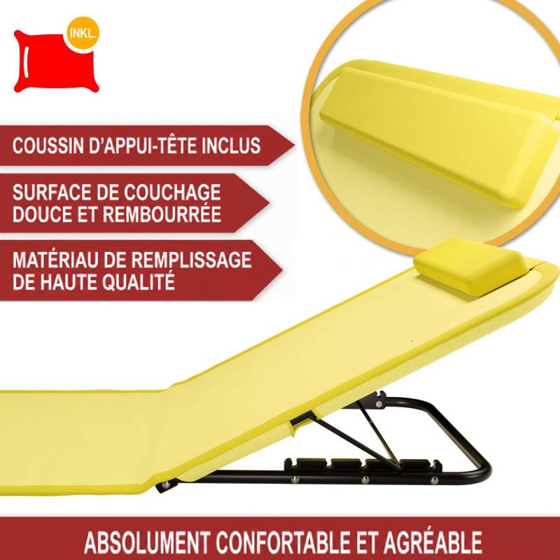 Transat de plage confortable Jaune 165cm dossier réglable et coussin pour la tête sac inclus - Image 3