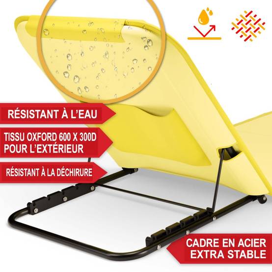 Transat de plage confortable Jaune 165cm dossier réglable et coussin pour la tête sac inclus - Image 5