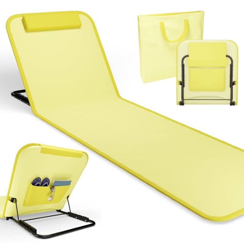 Transat de plage confortable Jaune 165cm dossier réglable et coussin pour la tête sac inclus - Image 1