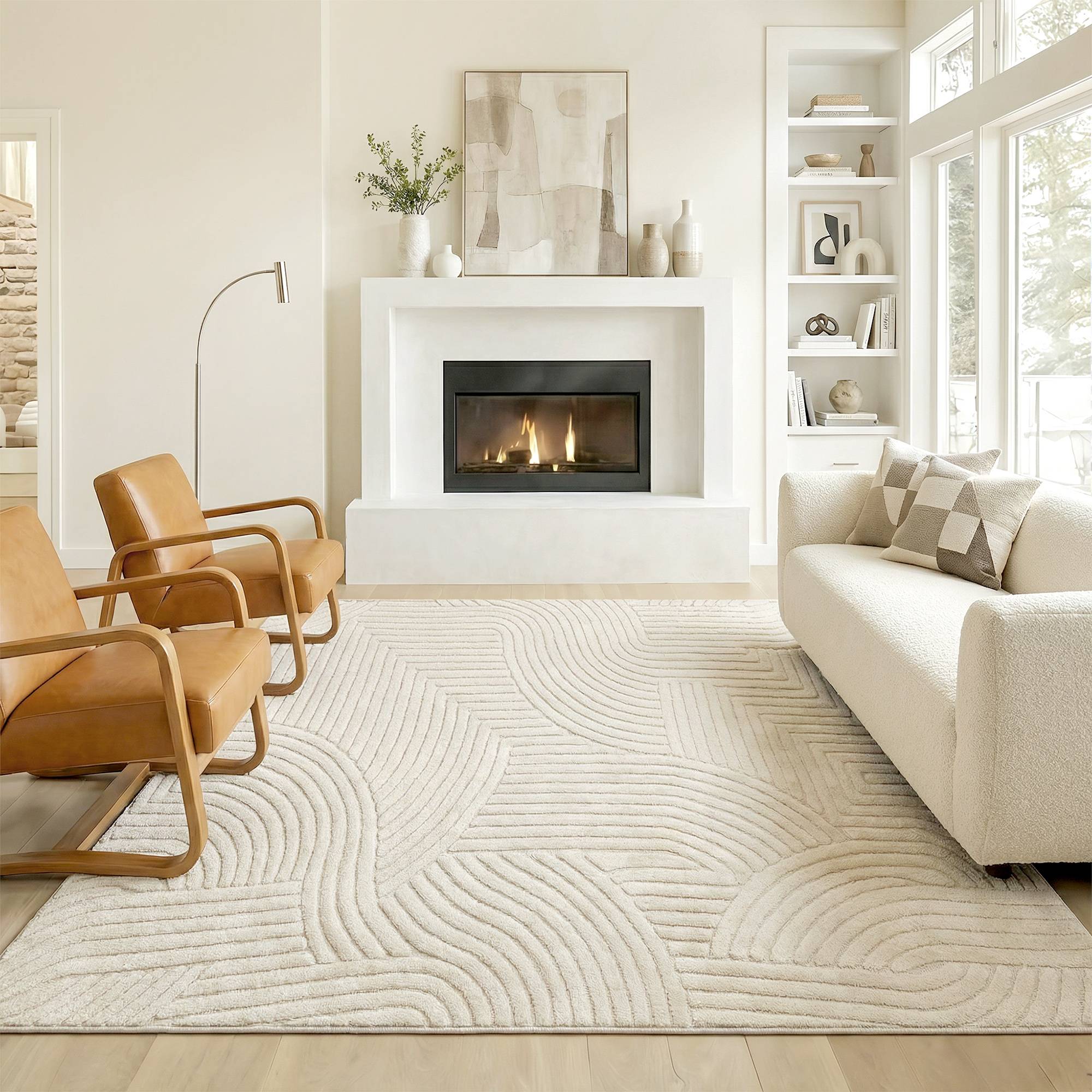 Sans Marque - Tapis salon 200x140 cm poils épais géométrique moelleux antidérapant crème - Image 3