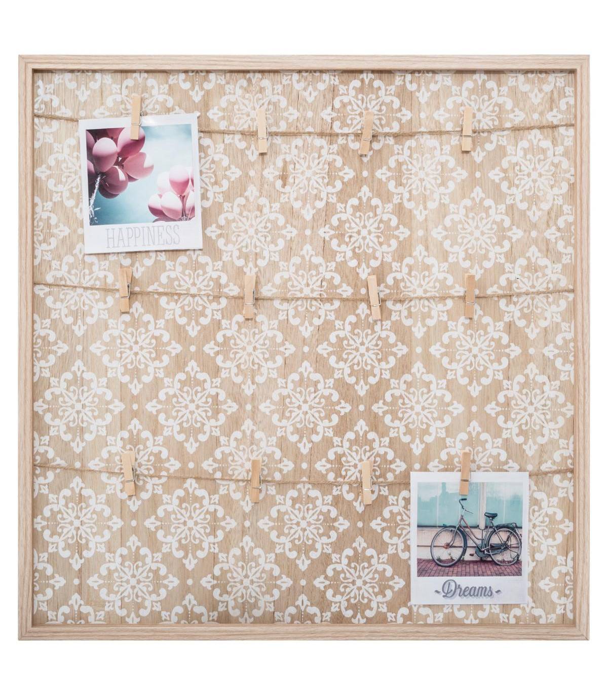 Porte Photos mural en Bois avec suspension cordes et pinces 48 x 48 cm - Image 1