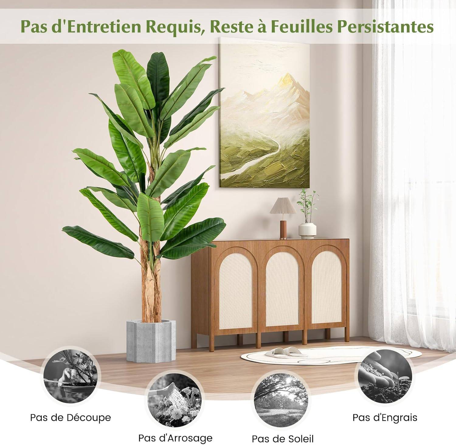 Plante Artificielle Tiges Triples, Fausse Plante de Bananier 27 Grandes Feuilles Plante Verte en Pot, Décoration Palmier d'Intérieur 195 CM - Image 7