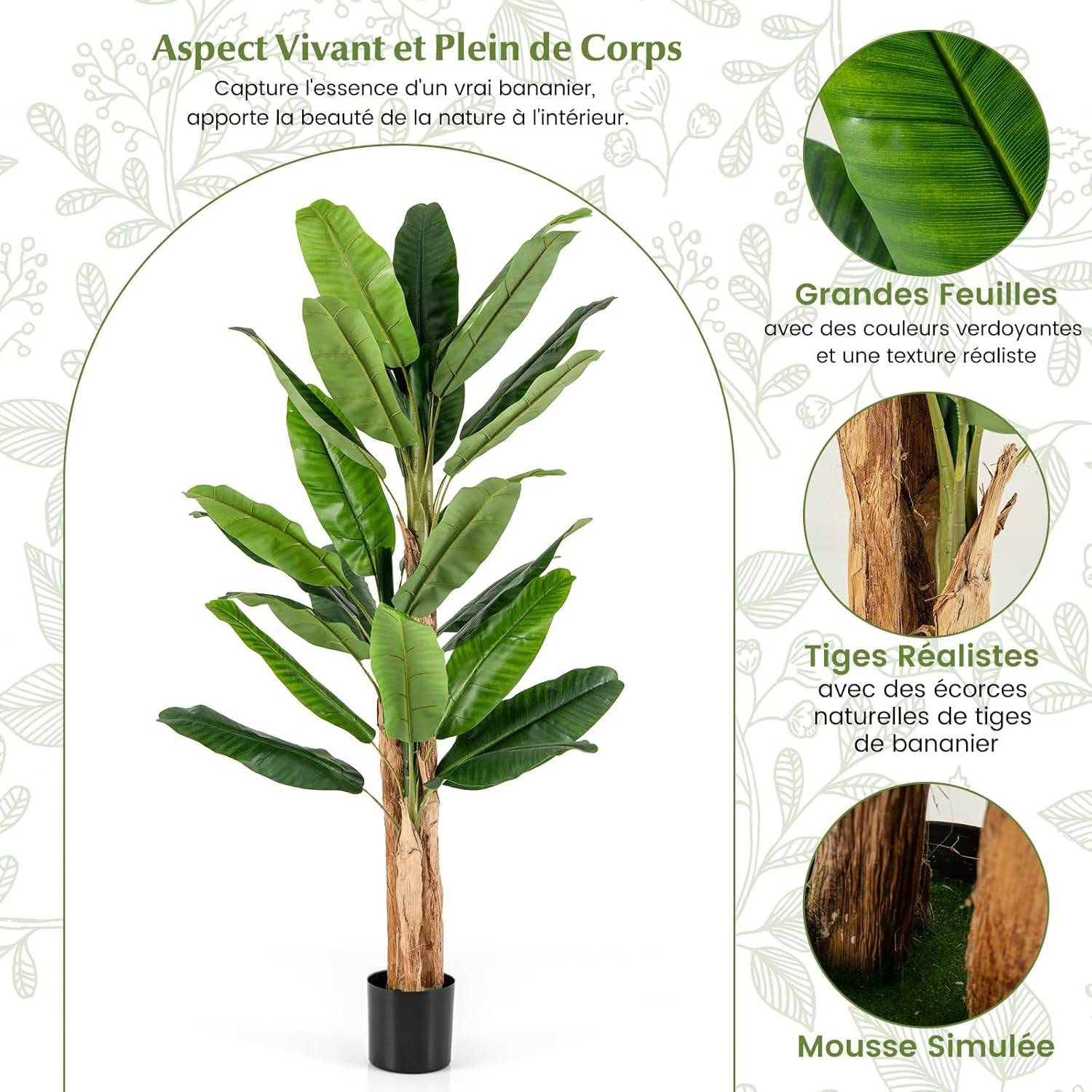 Plante Artificielle Tiges Triples, Fausse Plante de Bananier 27 Grandes Feuilles Plante Verte en Pot, Décoration Palmier d'Intérieur 195 CM - Image 3