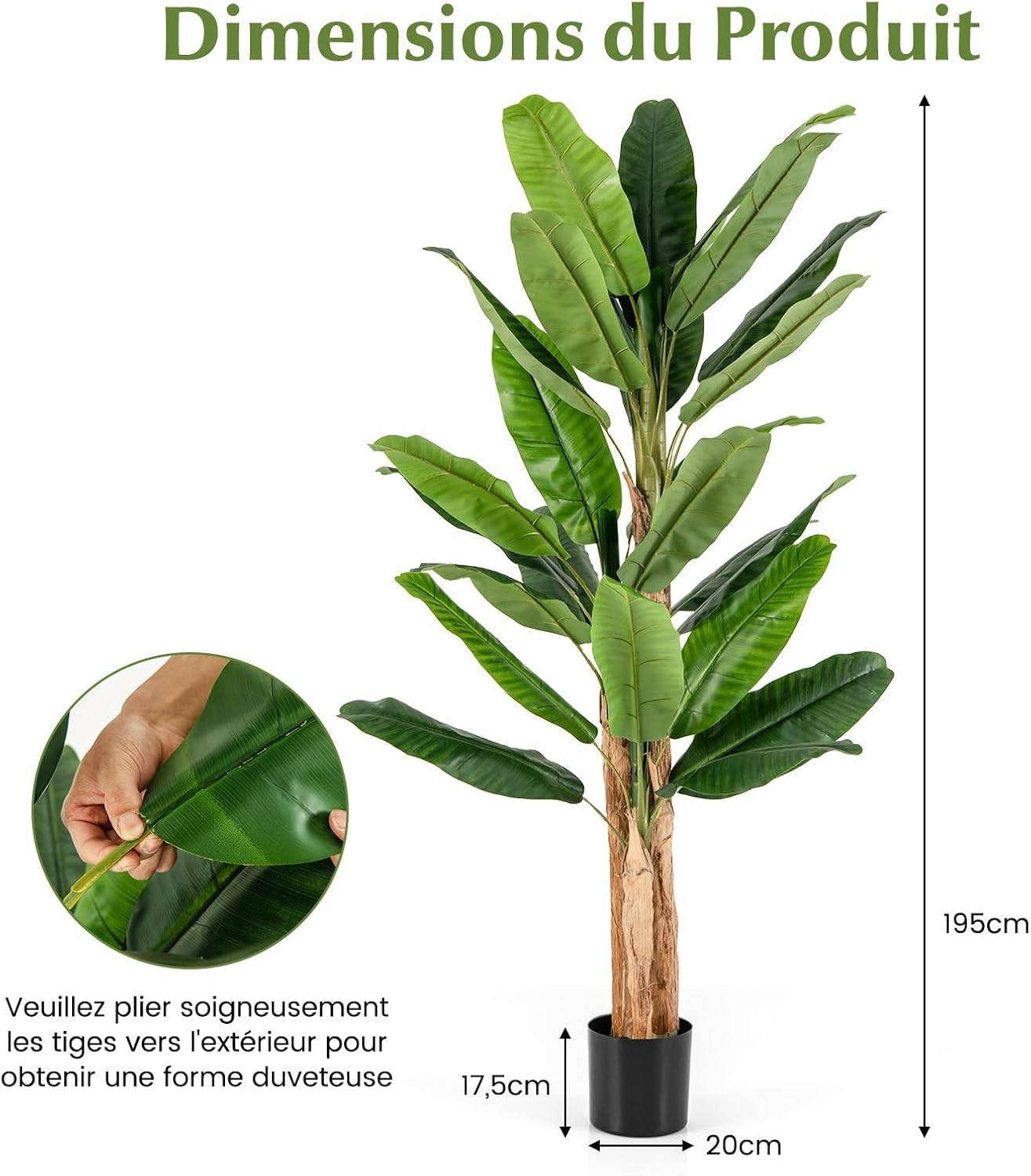Plante Artificielle Tiges Triples, Fausse Plante de Bananier 27 Grandes Feuilles Plante Verte en Pot, Décoration Palmier d'Intérieur 195 CM - Image 5