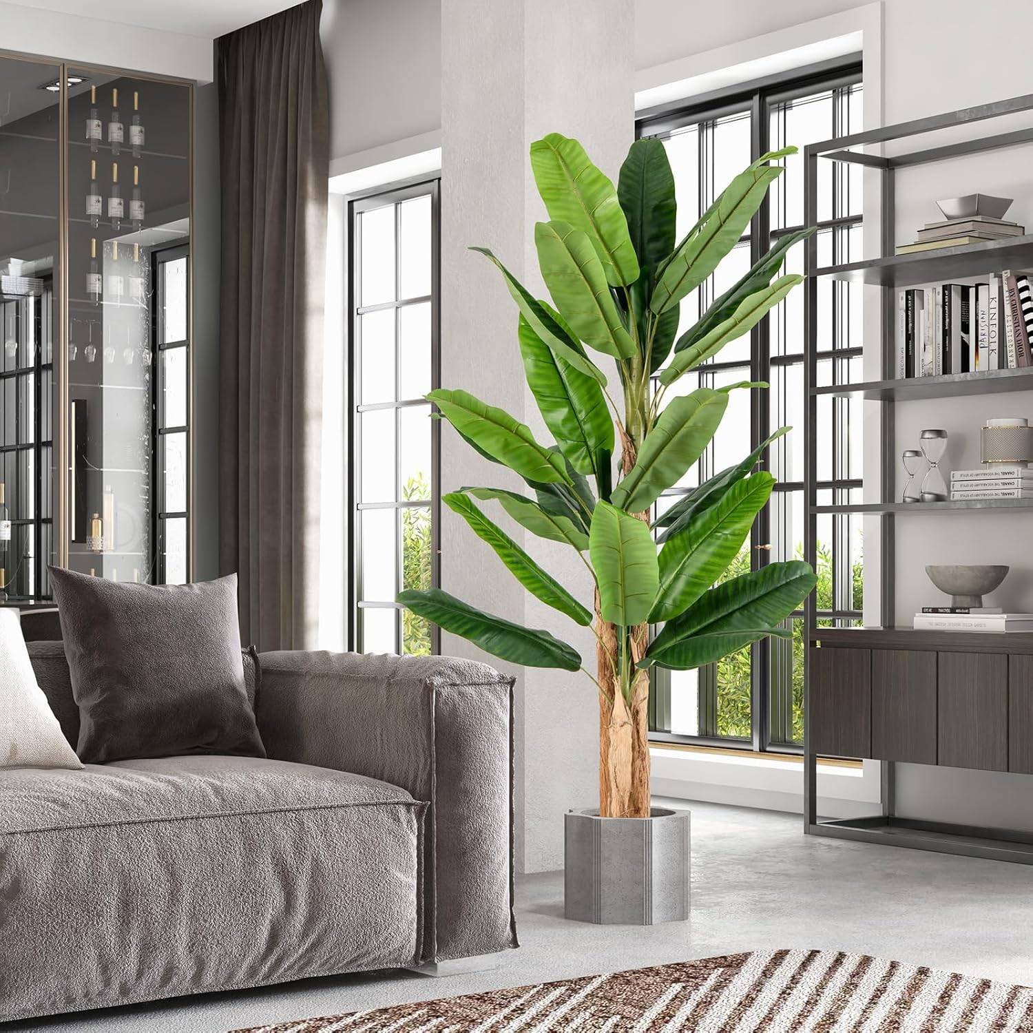 Plante Artificielle Tiges Triples, Fausse Plante de Bananier 27 Grandes Feuilles Plante Verte en Pot, Décoration Palmier d'Intérieur 195 CM - Image 2