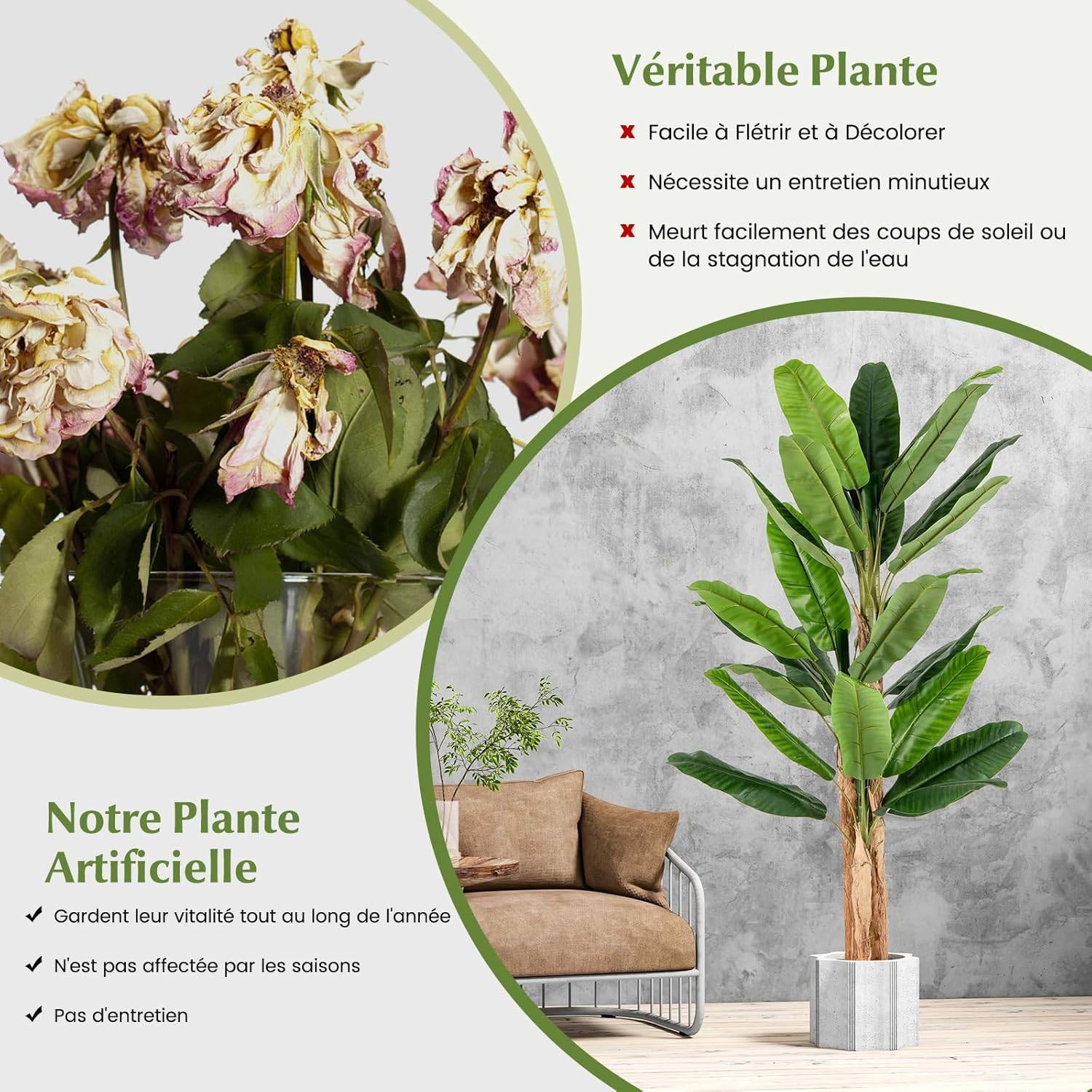 Plante Artificielle Tiges Triples, Fausse Plante de Bananier 27 Grandes Feuilles Plante Verte en Pot, Décoration Palmier d'Intérieur 195 CM - Image 4