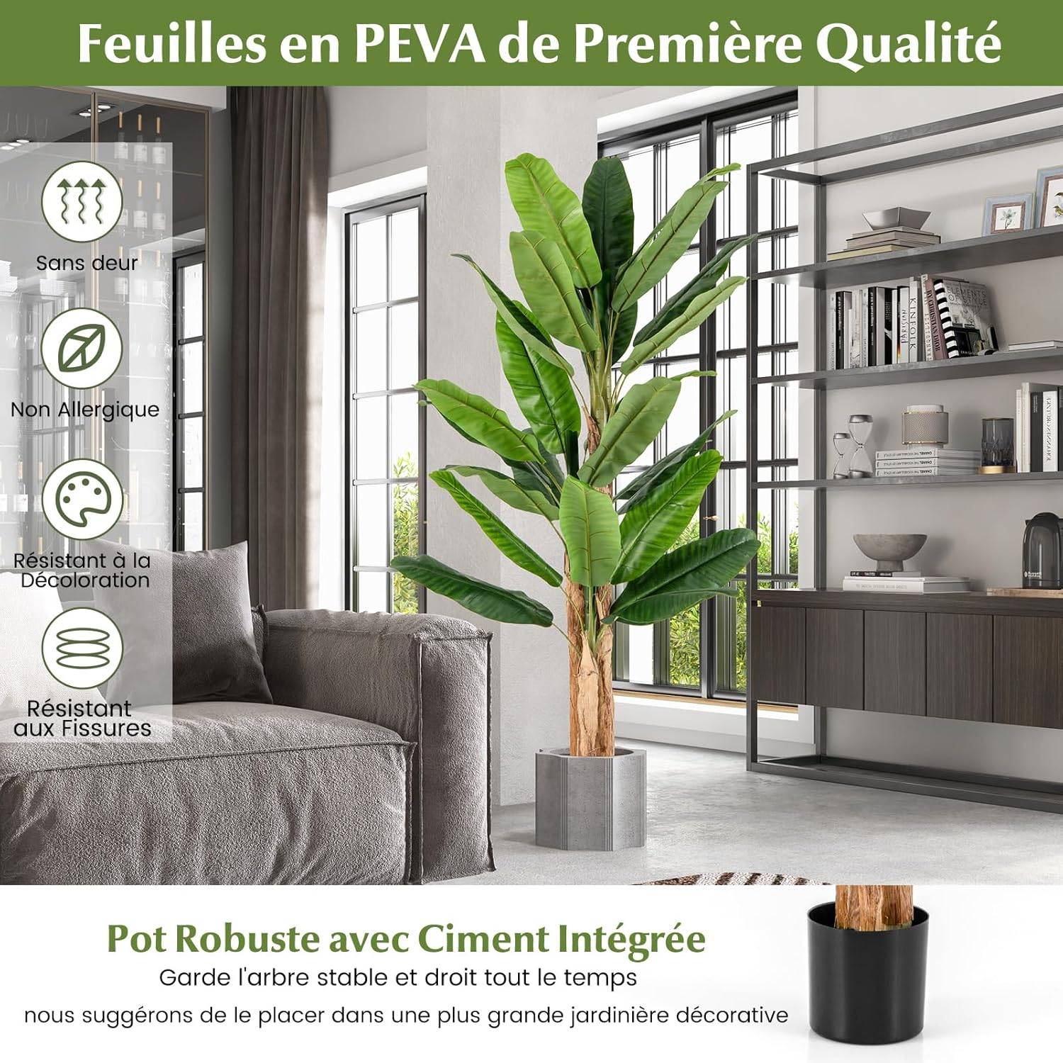 Plante Artificielle Tiges Triples, Fausse Plante de Bananier 27 Grandes Feuilles Plante Verte en Pot, Décoration Palmier d'Intérieur 195 CM - Image 6