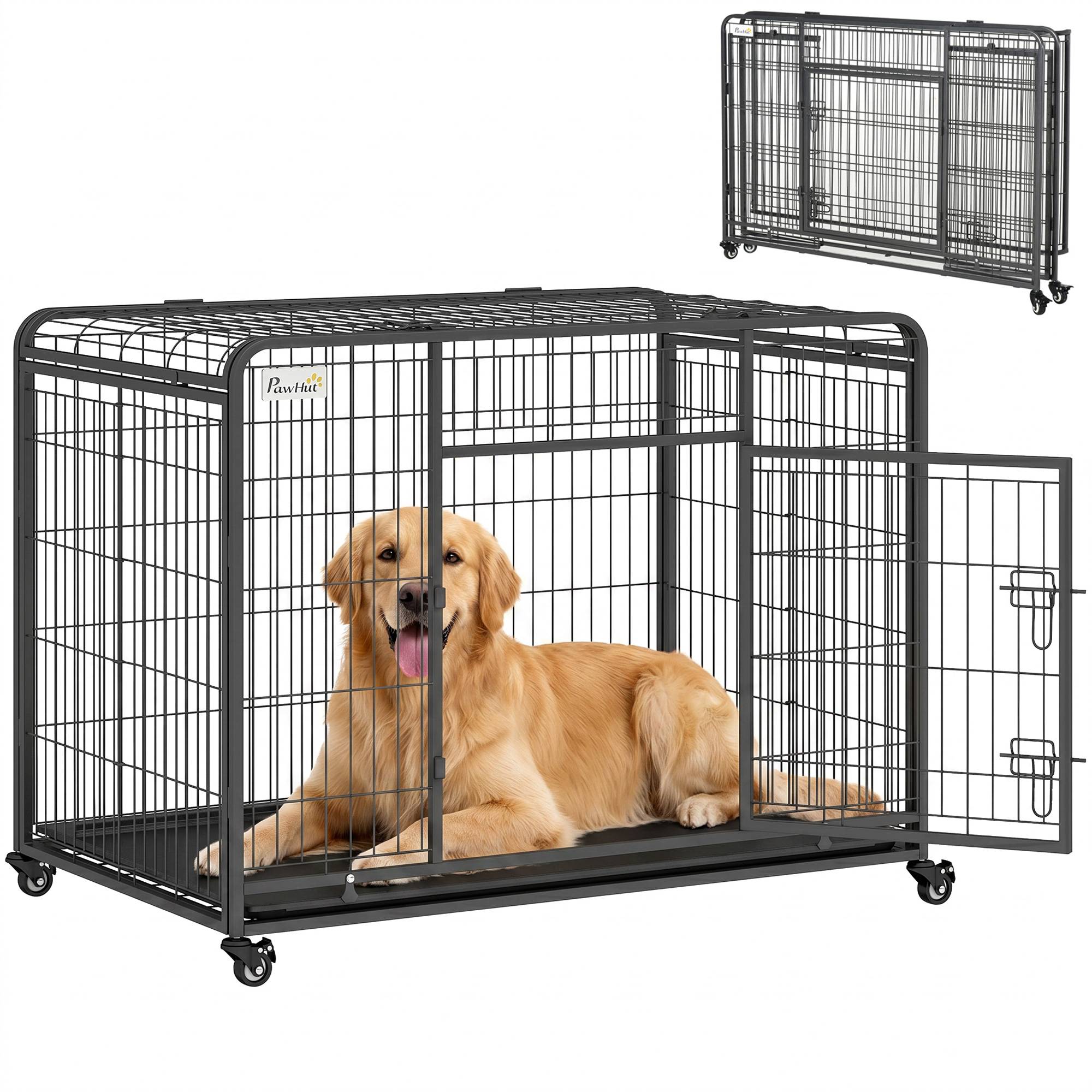 Niche pliable pour chien avec 2 portes verrouillables, 4 roues freinées, fond amovible, parc intérieur, 109,5 x 71 x 78 cm, gris foncé - Image 1