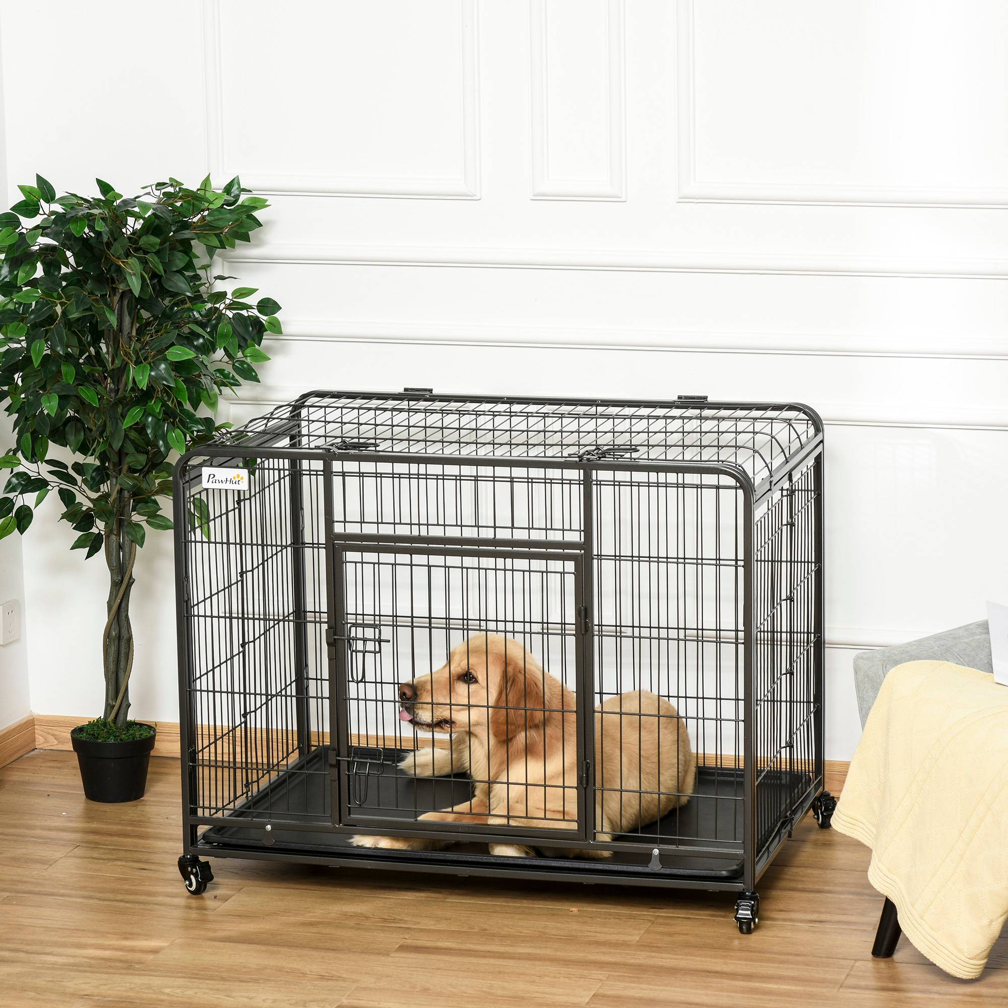 Niche pliable pour chien avec 2 portes verrouillables, 4 roues freinées, fond amovible, parc intérieur, 109,5 x 71 x 78 cm, gris foncé - Image 4
