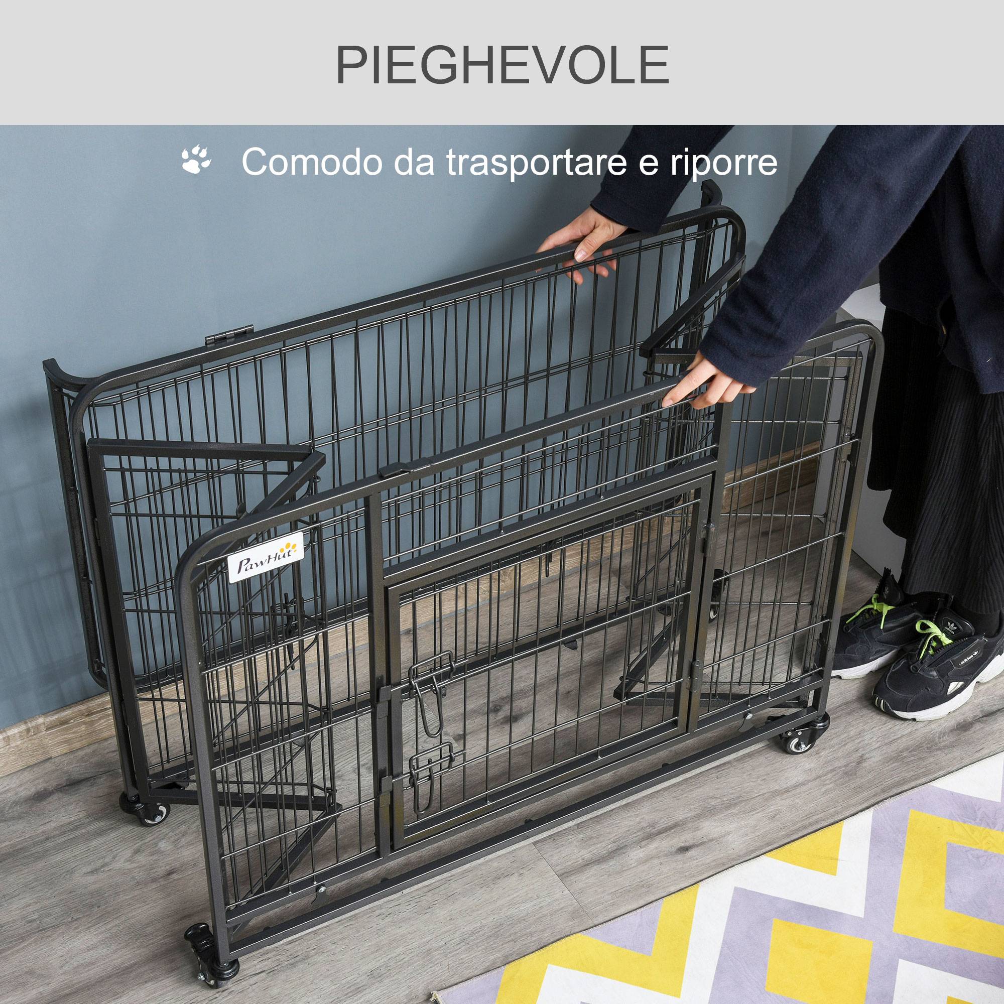 Niche pliable pour chien avec 2 portes verrouillables, 4 roues freinées, fond amovible, parc intérieur, 109,5 x 71 x 78 cm, gris foncé - Image 6