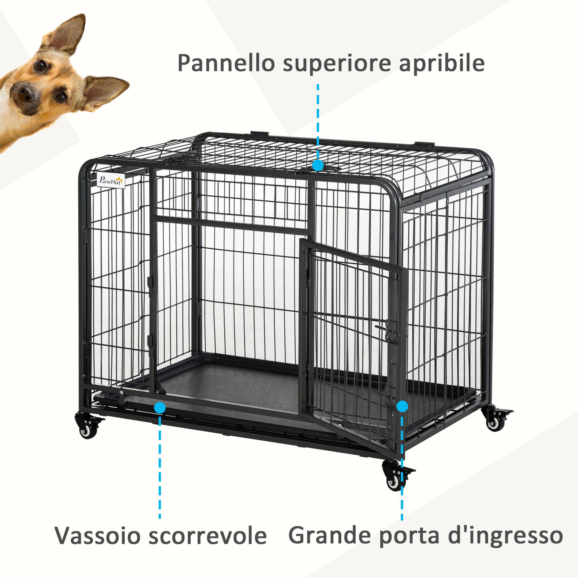 Niche pliable pour chien avec 2 portes verrouillables, 4 roues freinées, fond amovible, parc intérieur, 109,5 x 71 x 78 cm, gris foncé - Image 7