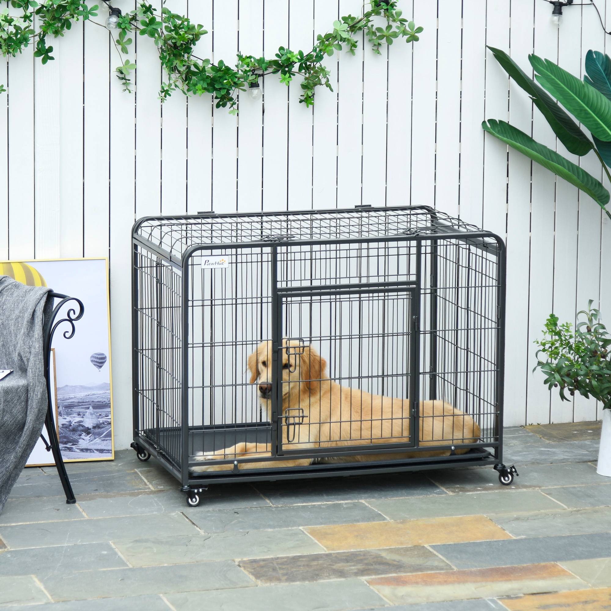 Niche pliable pour chien avec 2 portes verrouillables, 4 roues freinées, fond amovible, parc intérieur, 109,5 x 71 x 78 cm, gris foncé - Image 3