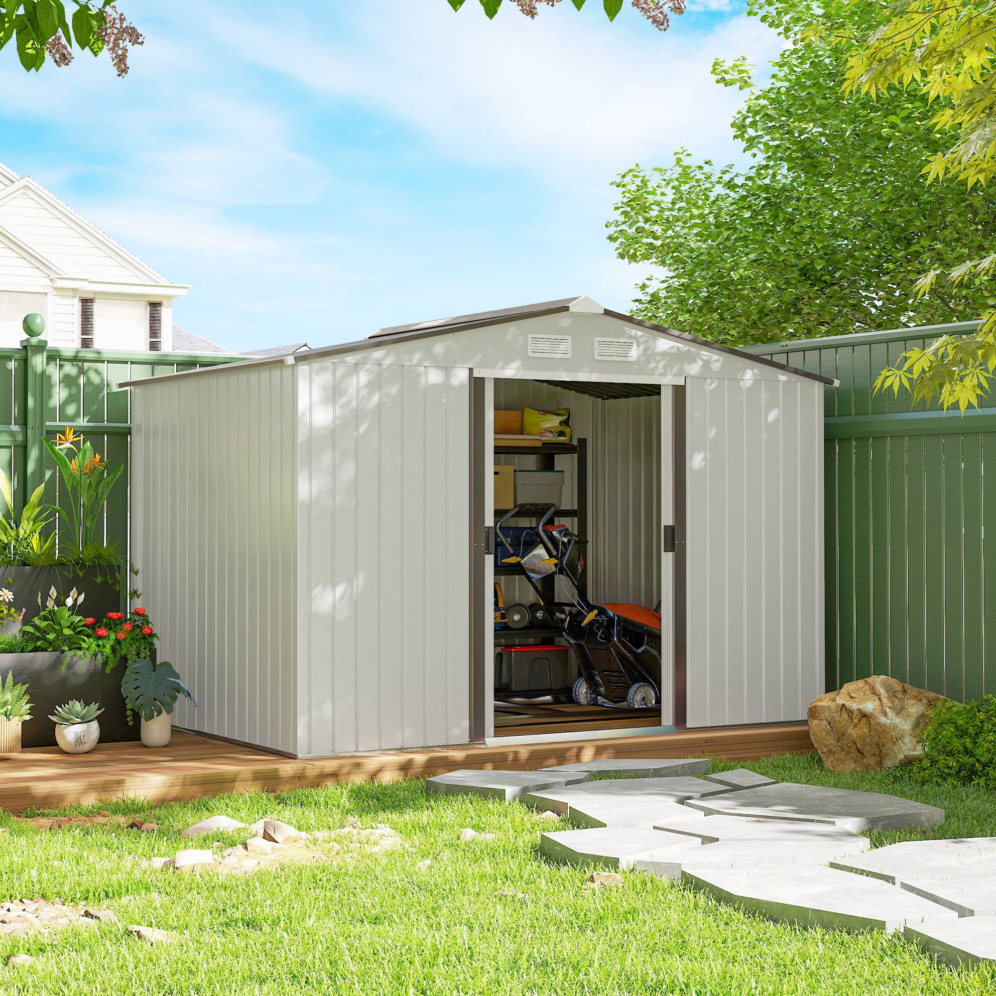 Abri de jardin tôle acier 277x195x192 cm avec double porte coulissante, cabanon argent extérieur - Image 4