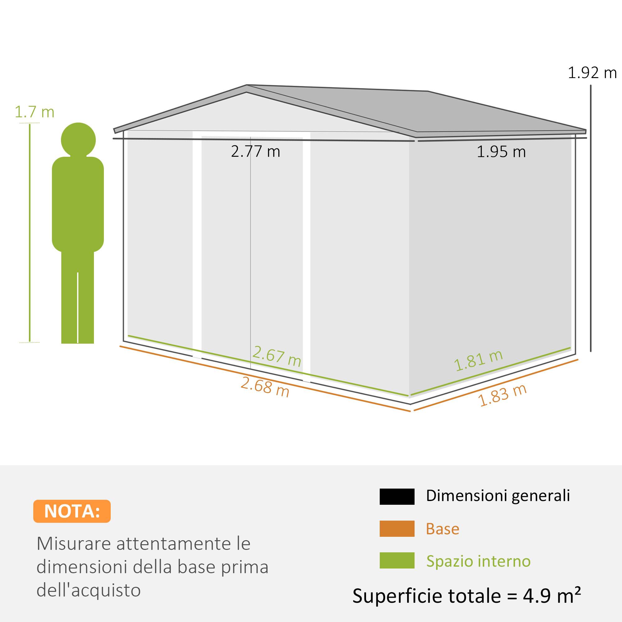 Abri de jardin tôle acier 277x195x192 cm avec double porte coulissante, cabanon argent extérieur - Image 5