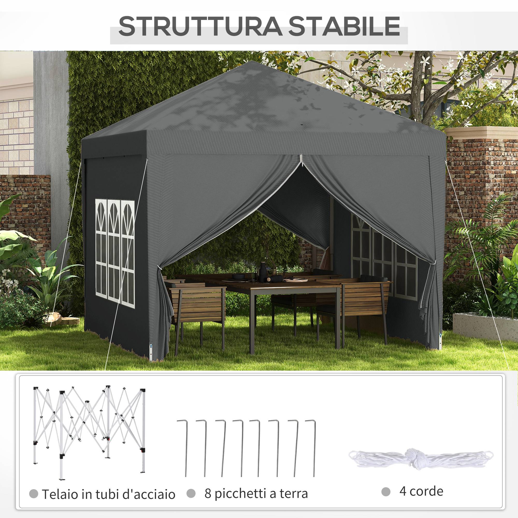 Tonnelle pliante d'extérieur 3x3 m avec 4 panneaux latéraux, en acier et tissu Oxford gris - Image 9