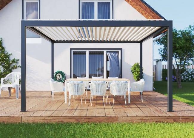 Pergola Bioclimatique Aluminium Autoportante Motorisée Éclairée 4x3,5 Anthracite SV ORIAL France - Image 1