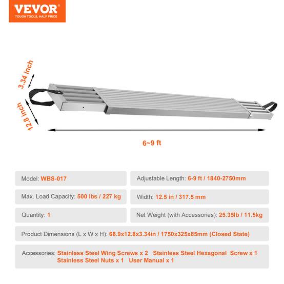 VEVOR Planche d'échafaudage alu télescopique 1.83-2.74m, largeur 317.5mm, charge 227kg. - Image 7