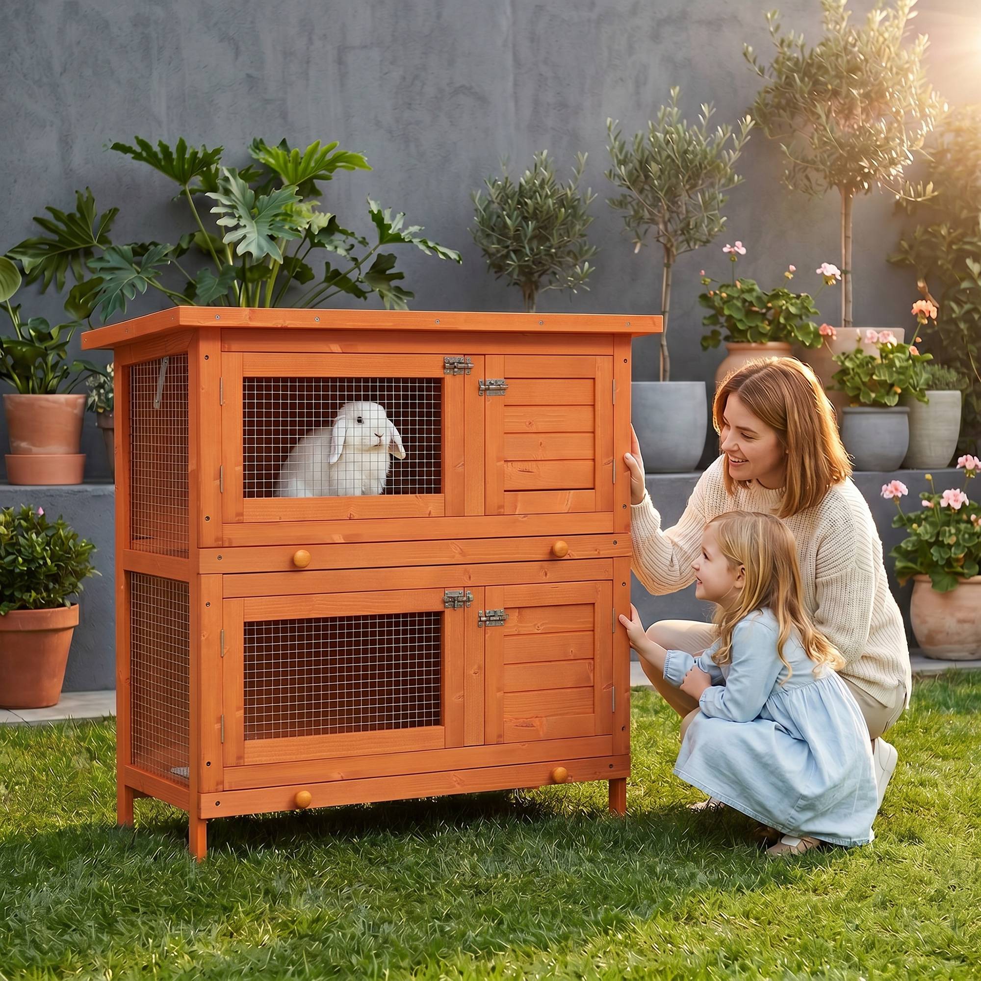 Clapier à lapin cage à lapin double niveau plateaux coulissants 4 portes verrouillables toit ouvrant 90L x 45l x 90H cm - Image 3