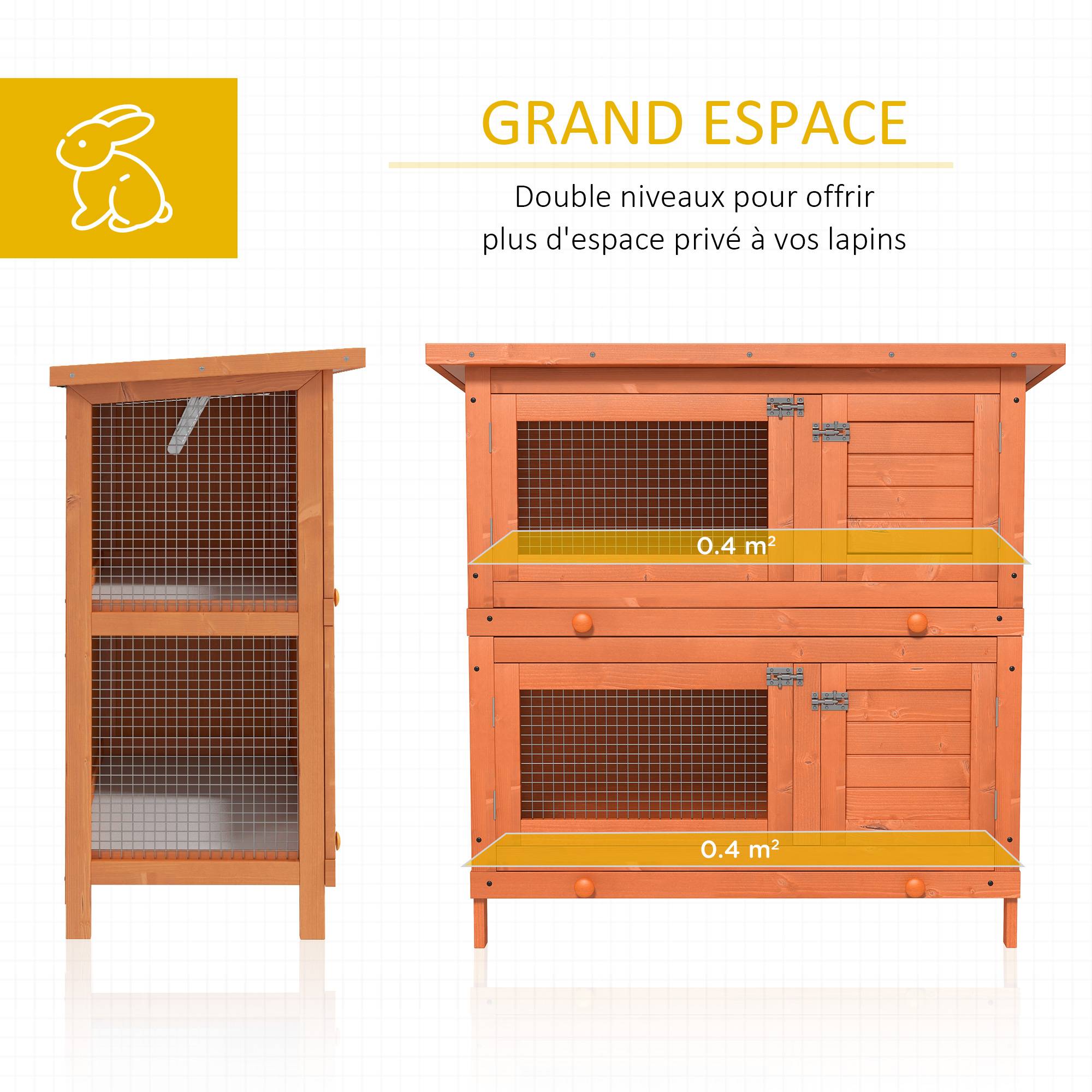 Clapier à lapin cage à lapin double niveau plateaux coulissants 4 portes verrouillables toit ouvrant 90L x 45l x 90H cm - Image 8