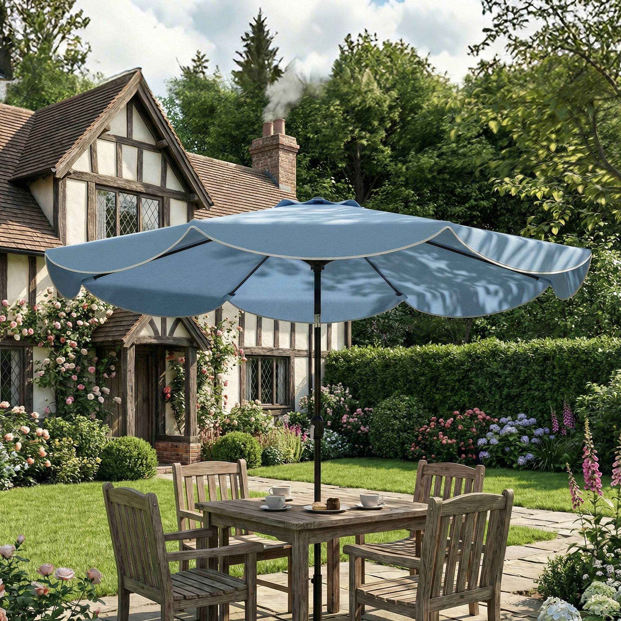 Parasol terrasse exterieur Ø2,7 m, inclinaison ajustable 3 positions, manivelle et volant, bleu ciel - Image 4