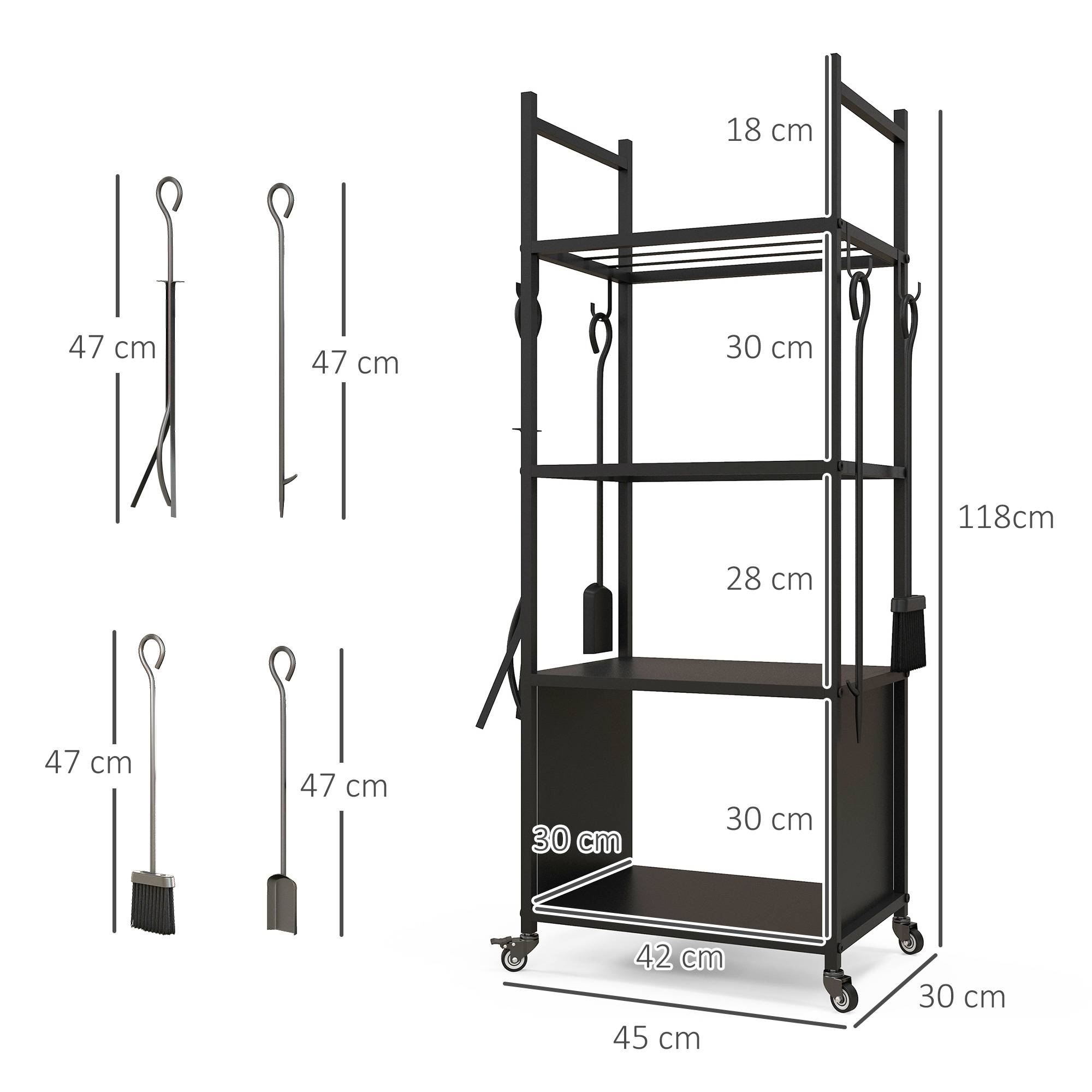 Chariot range bûches intérieur, porte-bûches roulettes, 4 outils de cheminée, 4 étagères, métal, 45 x 30 x 118 cm, noir - Image 5