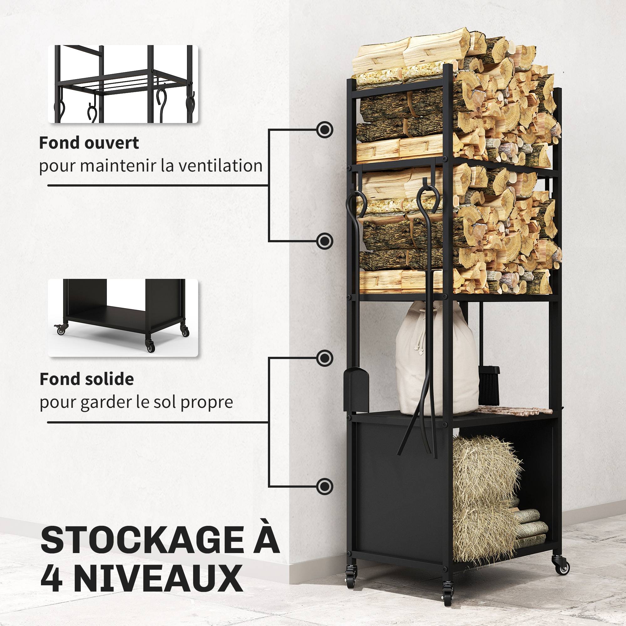 Chariot range bûches intérieur, porte-bûches roulettes, 4 outils de cheminée, 4 étagères, métal, 45 x 30 x 118 cm, noir - Image 6