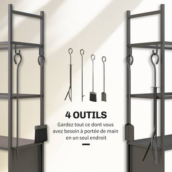 Chariot range bûches intérieur, porte-bûches roulettes, 4 outils de cheminée, 4 étagères, métal, 45 x 30 x 118 cm, noir - Image 8
