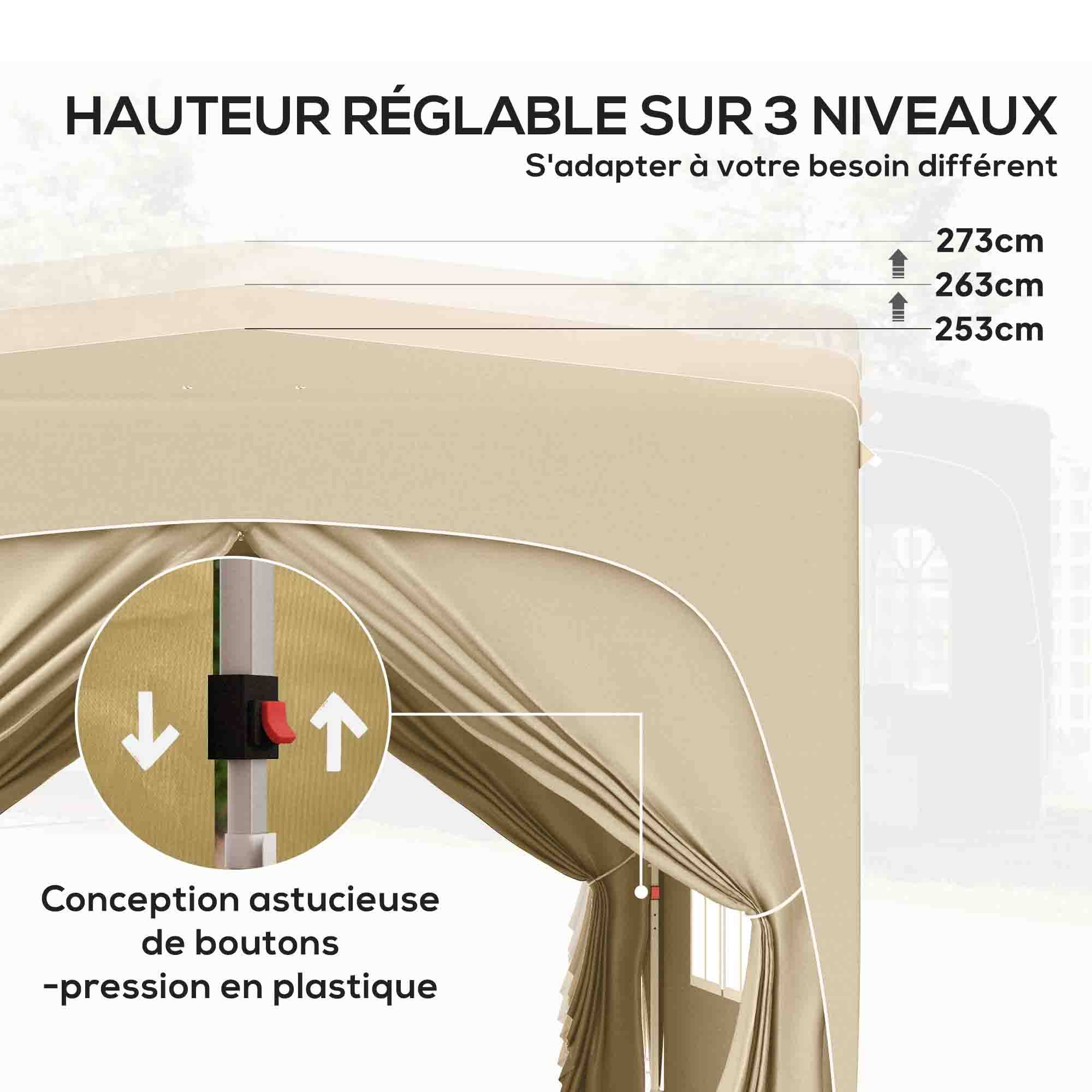 Outsunny - Tonnelle de jardin extérieur 3x3m pliante pop up hauteur réglable sac de transport protection UPF50+ pour camping festival patio sable - Outsunny - Image 5