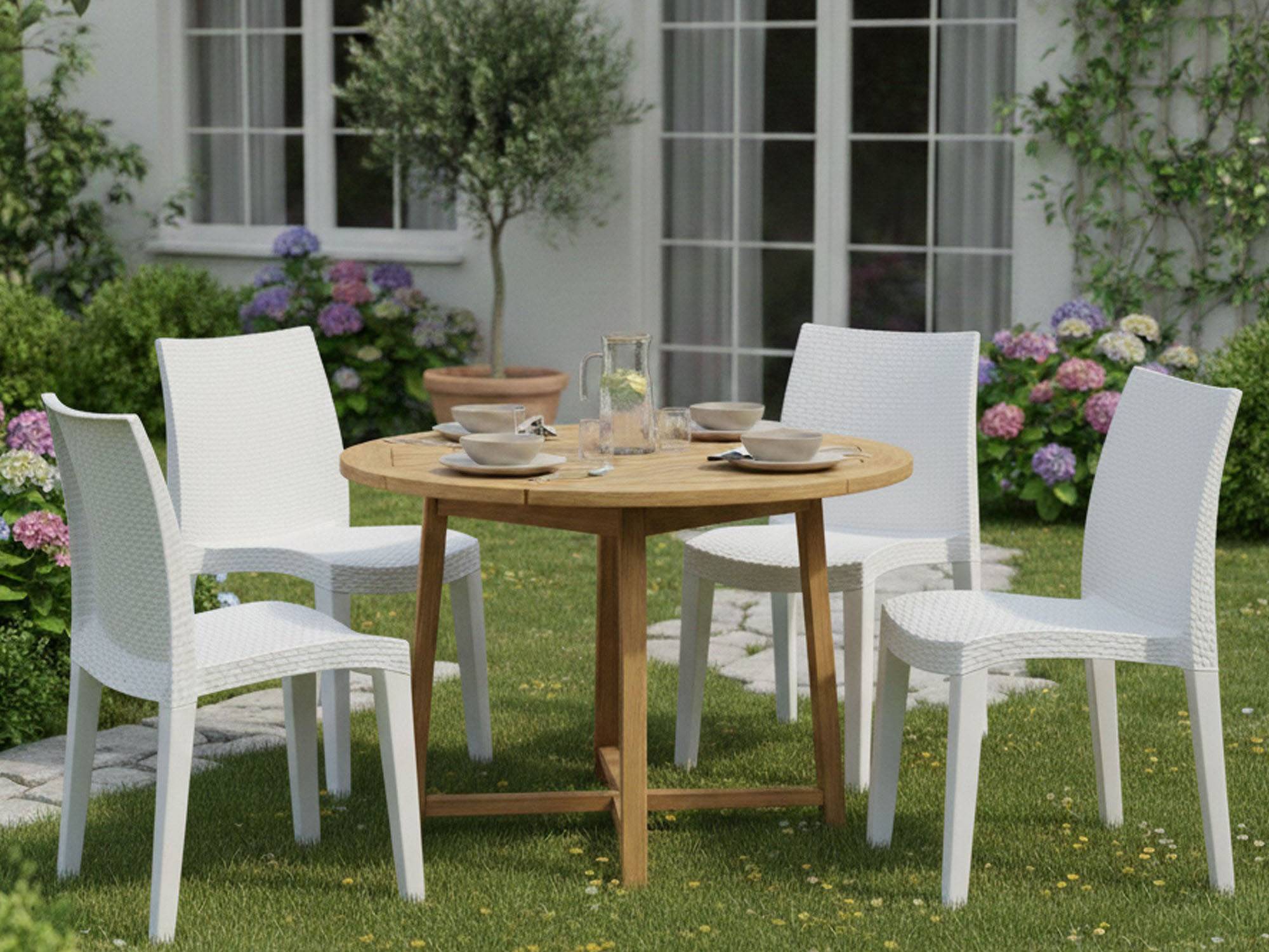 Dmora - Ensemble de 4 chaises d'extérieur Ravenna, Sièges de jardin, Chaise de table à manger, Fauteuil d'extérieur effet rotin, 55x48h86 cm, Blanc - Dmora - Image 4