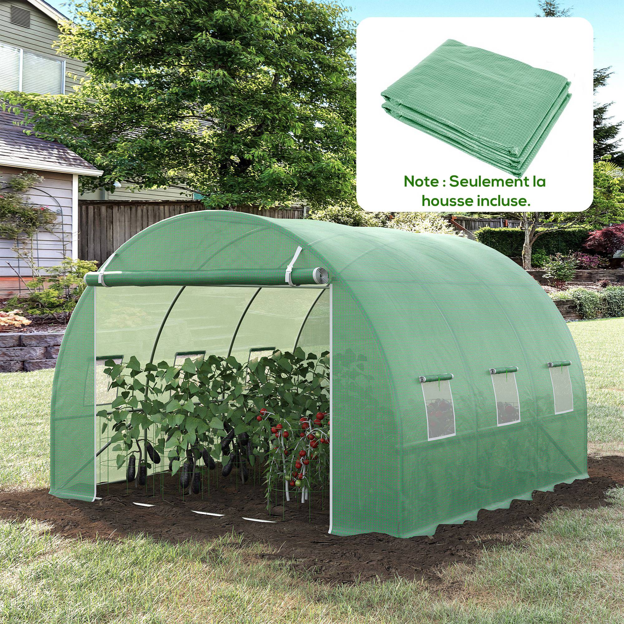 Sans Marque - Bâche Rechange Serre Tunnel 9m² 3x3x2 m PE anti-UV imperméable 6 fenêtres porte zip vert foncé - Image 4