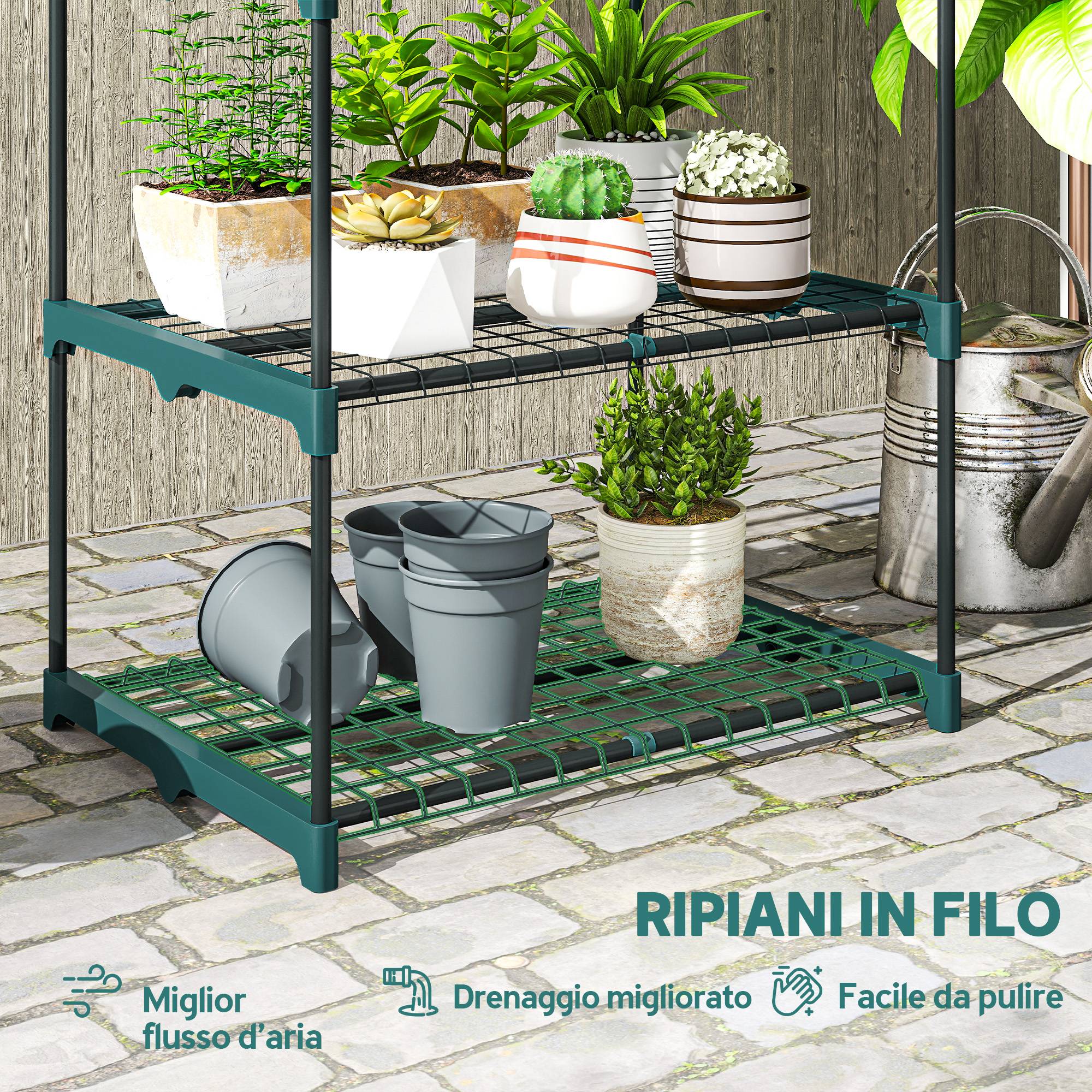 Porte-plantes 5 Niveaux Ouverts Acier Plastique, 67x49x138cm, Vert Foncé - Image 7