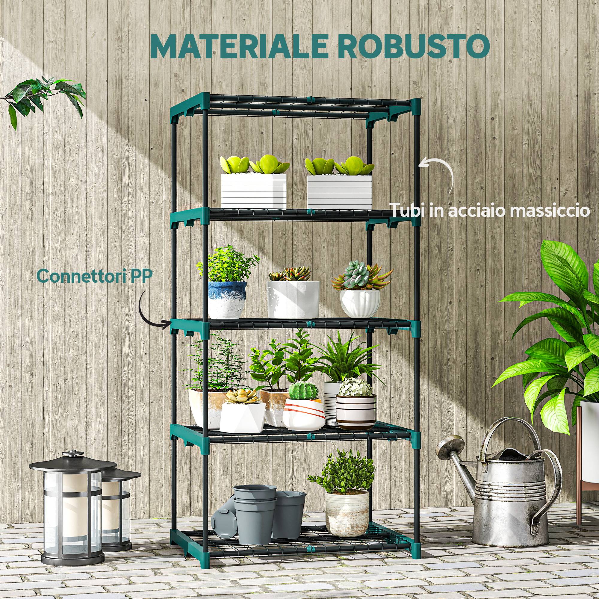 Porte-plantes 5 Niveaux Ouverts Acier Plastique, 67x49x138cm, Vert Foncé - Image 8