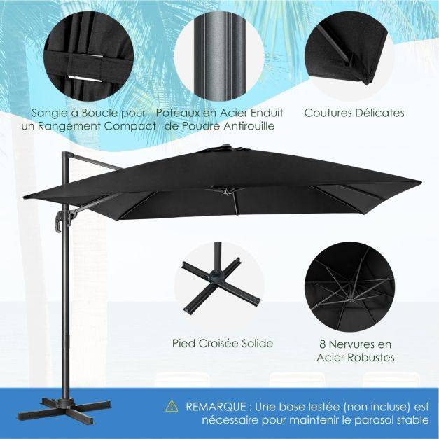 Helloshop26 - Parasol déporté inclinable 3 x 3 m avec base croisée rotation à 360° manivelle 8 baleines event pour jardin terrasse noir - Image 1