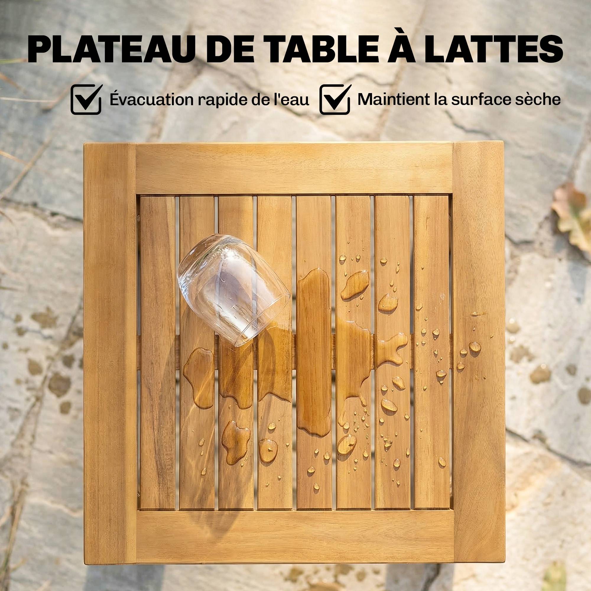 Sans Marque - Table Basse de Jardin Carrée en Bois d'acacia Massif, avec Plateau à Lattes, Pieds Réglables, 48x48x46cm, Naturel - Image 7