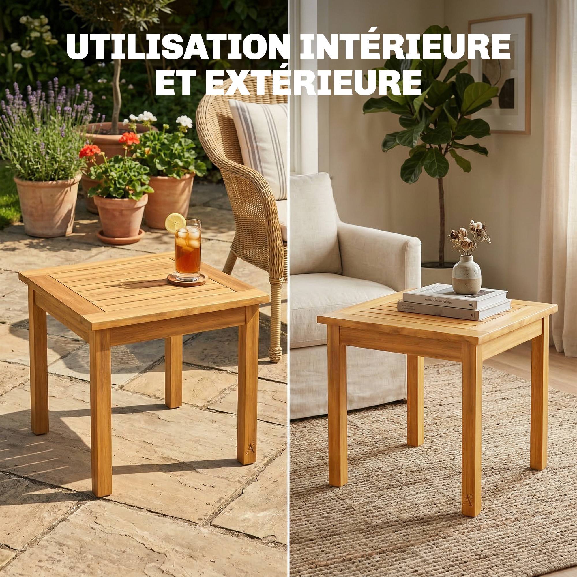 Sans Marque - Table Basse de Jardin Carrée en Bois d'acacia Massif, avec Plateau à Lattes, Pieds Réglables, 48x48x46cm, Naturel - Image 8