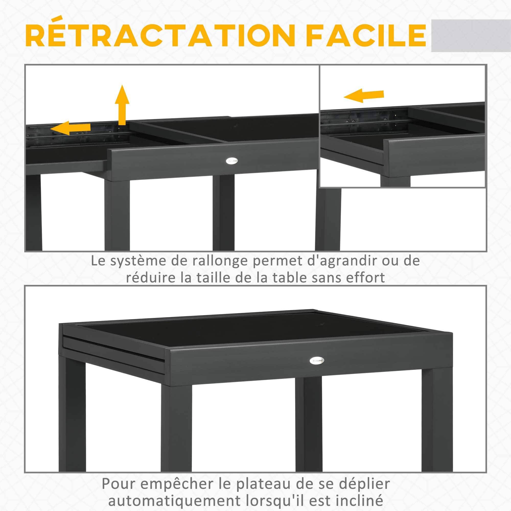 Table Extensible de Jardin Grande Taille dim. dépliées 160 x 80 x 75 cm Aluminium Gris foncé Plateau Verre trempé Noir - Image 7