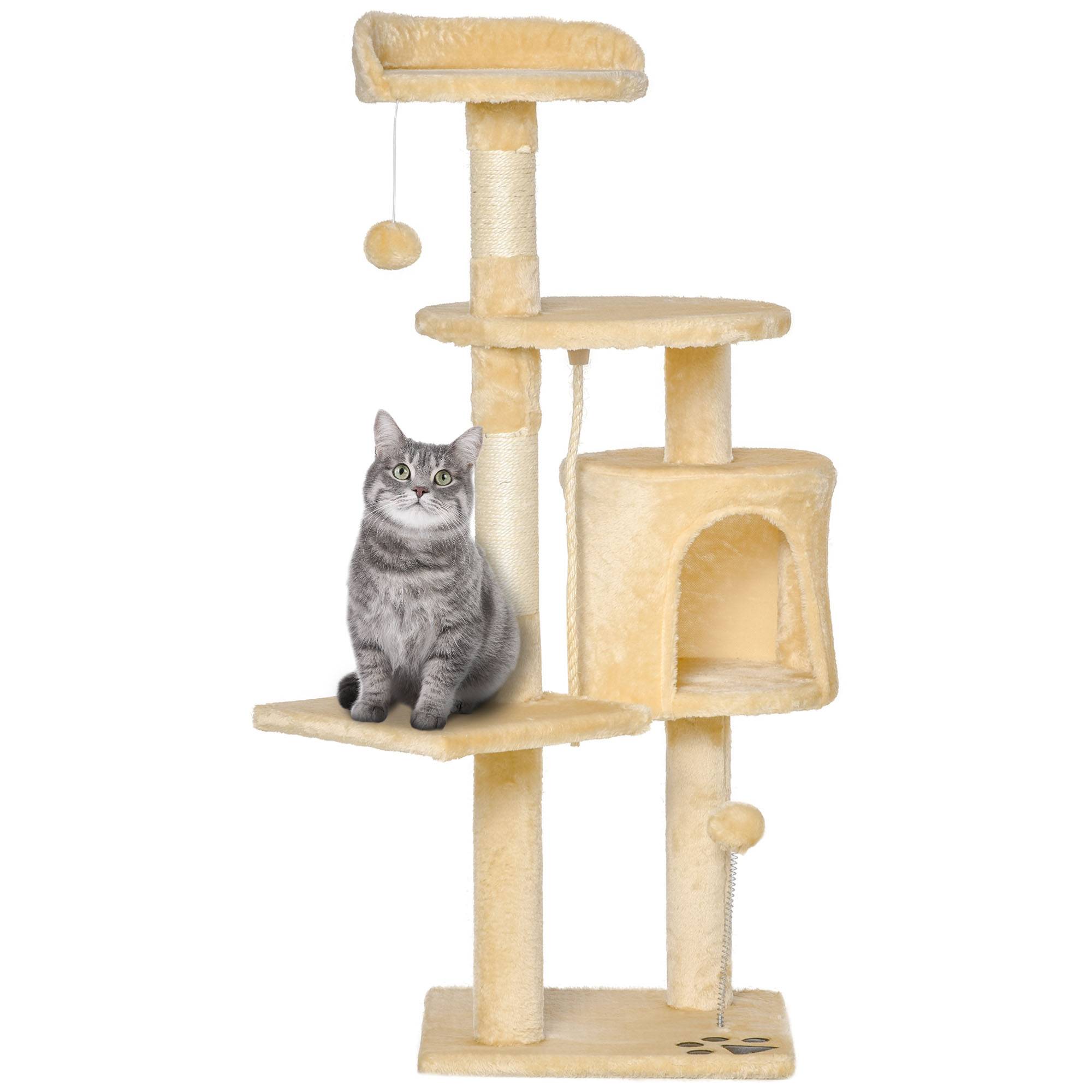arbre à chat bois 4 niveaux niche jouets balle corde structure chat intérieur 114 cm griffoir stable