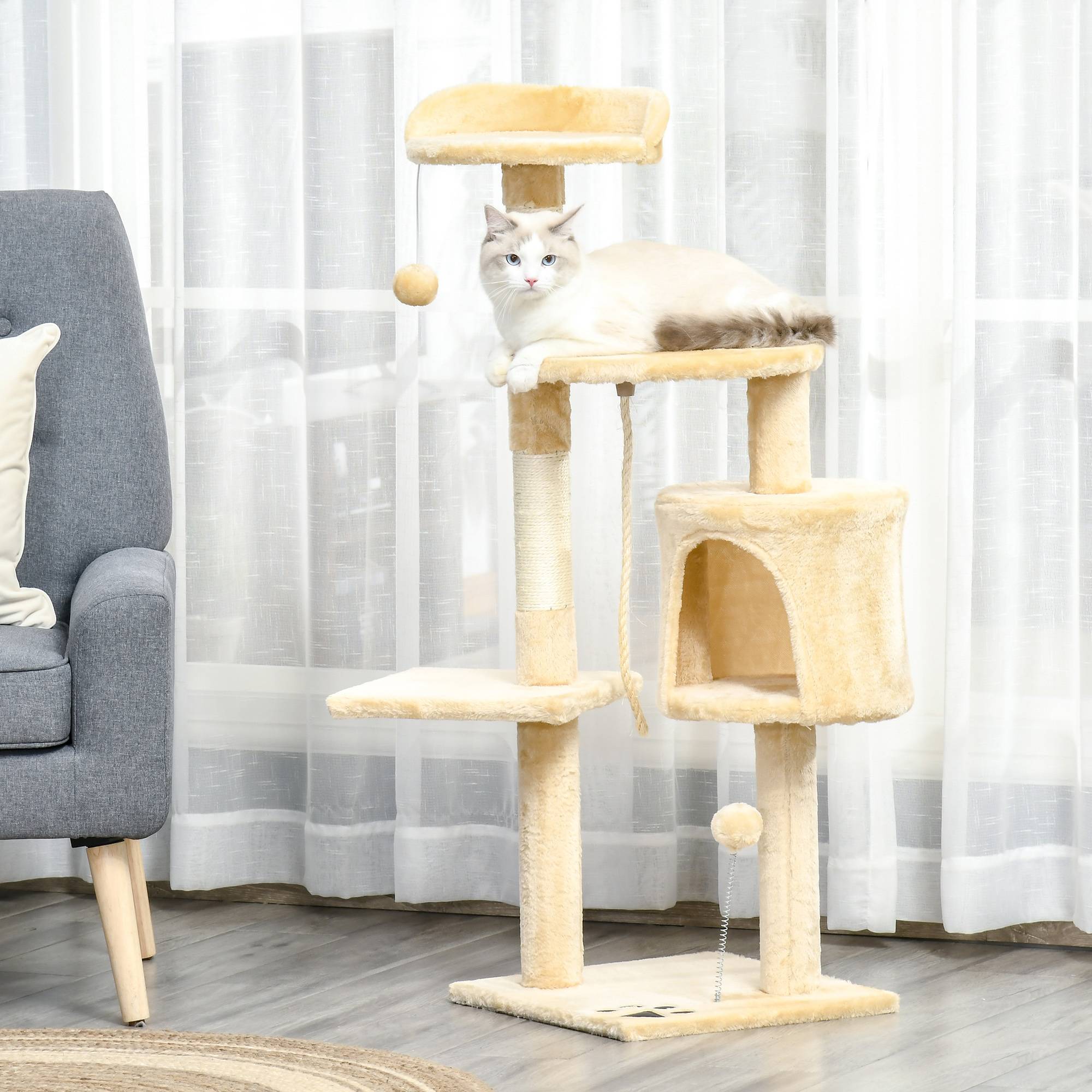 arbre à chat bois 4 niveaux niche jouets balle corde structure chat intérieur 114 cm griffoir stable - Image 3