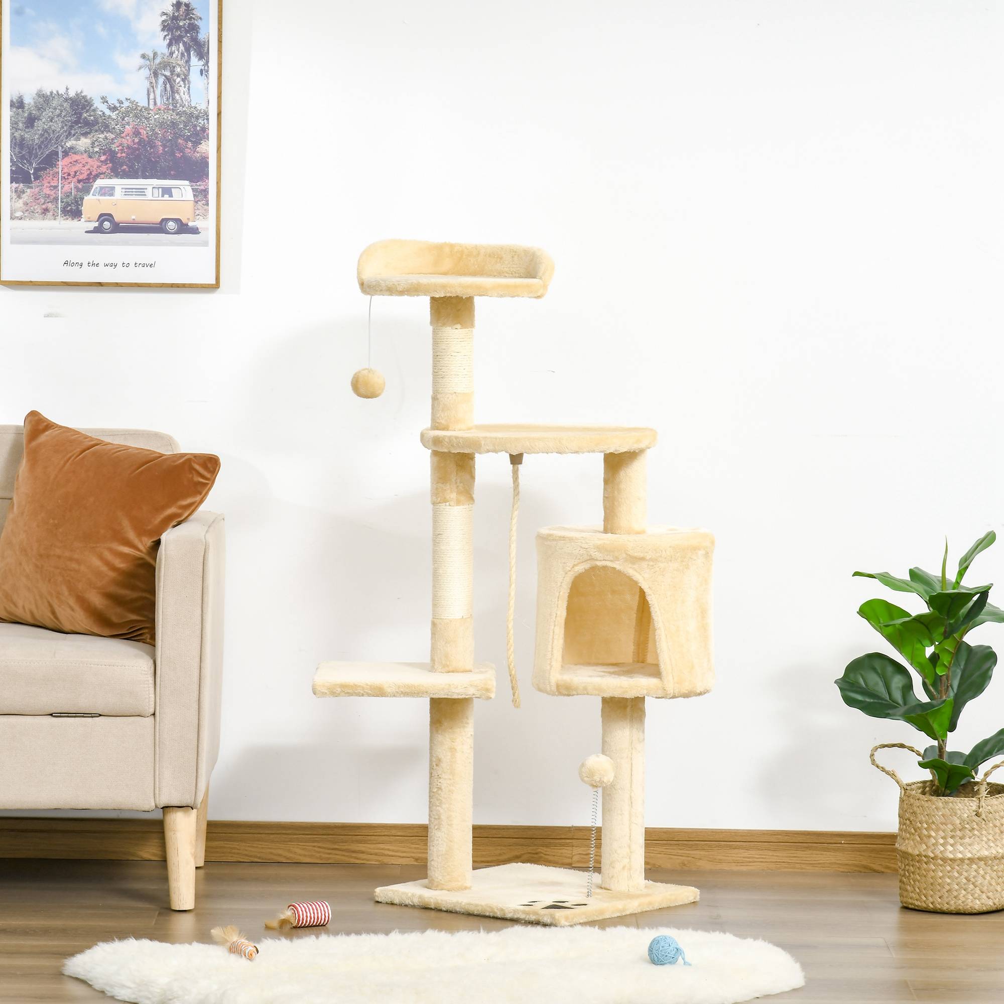 arbre à chat bois 4 niveaux niche jouets balle corde structure chat intérieur 114 cm griffoir stable - Image 4
