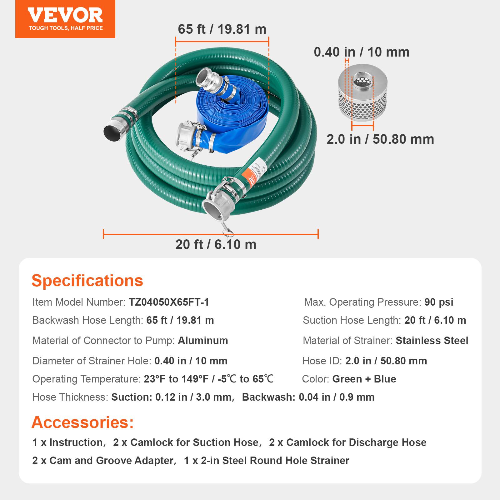 VEVOR Kit tuyau aspiration pompe eau, 50.8mm x 19.8m, vert 6.1m, crépine acier, usages multiples. - Image 7