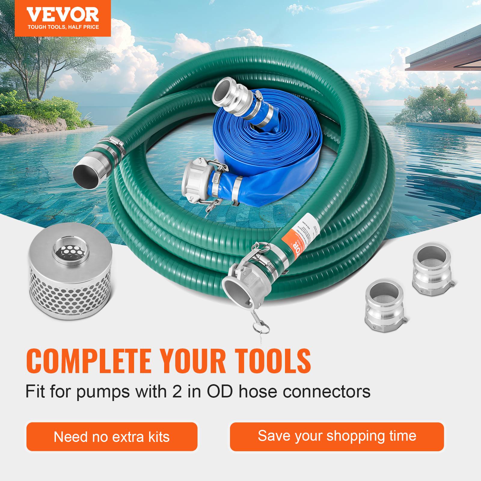 VEVOR Kit tuyau aspiration pompe eau, 50.8mm x 19.8m, vert 6.1m, crépine acier, usages multiples. - Image 2