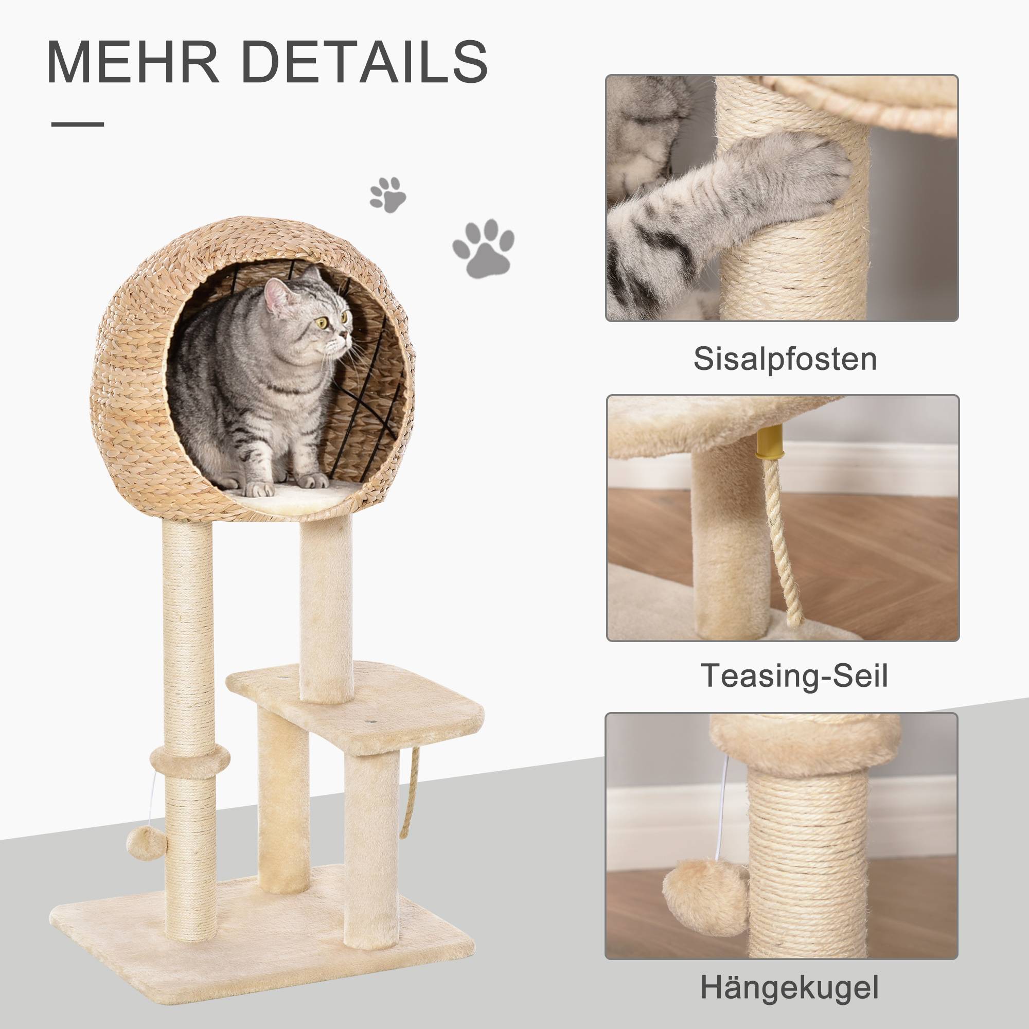 Arbre à chat multiniveau en MDF avec niche en jonc pour jeu et repos 48x40x100cm beige - ComfortXL Outdoor Living - Image 7
