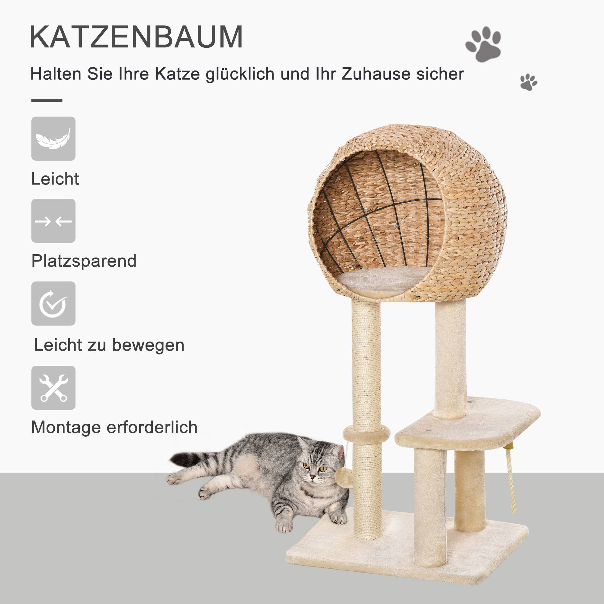 Arbre à chat multiniveau en MDF avec niche en jonc pour jeu et repos 48x40x100cm beige - ComfortXL Outdoor Living - Image 6