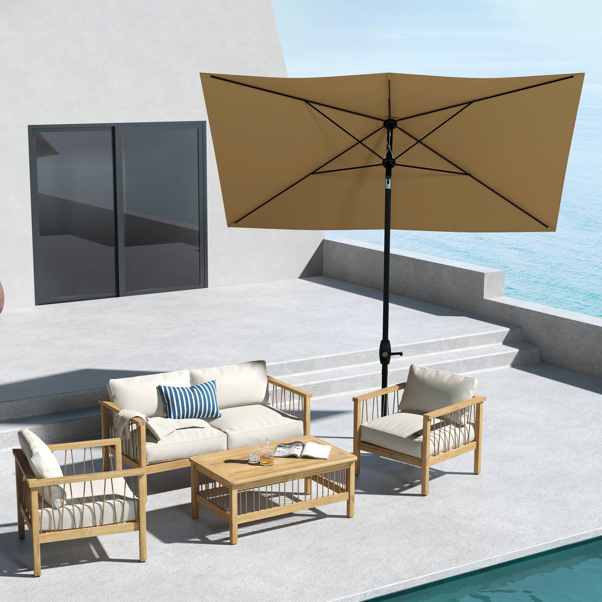 Parasol rectangulaire inclinable 2 x 3 m avec manivelle polyester - 290x200x248cm Aluminium Marron fr348 - Image 3