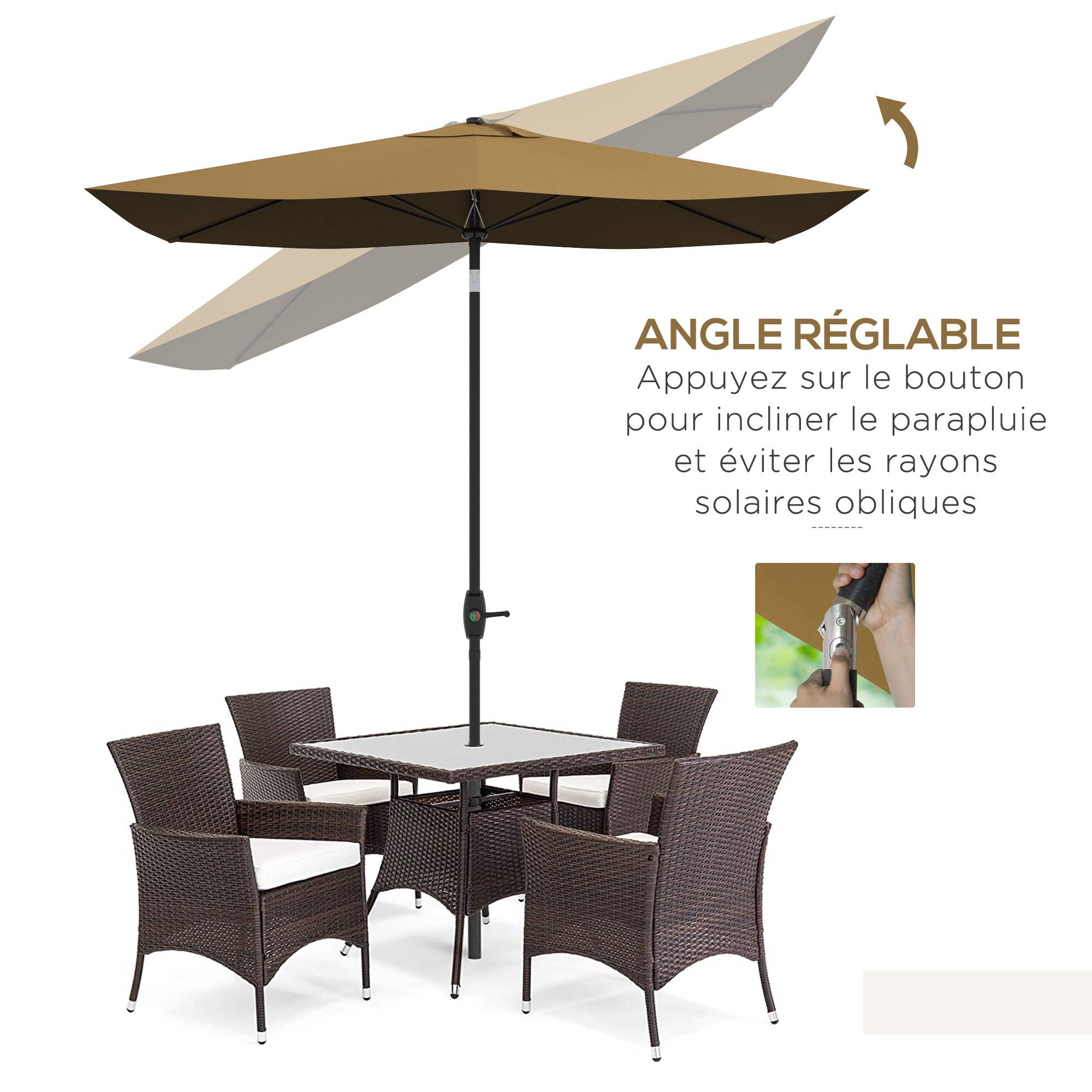 Parasol rectangulaire inclinable 2 x 3 m avec manivelle polyester - 290x200x248cm Aluminium Marron fr348 - Image 6